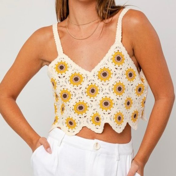 The Wild Clover Tops - ❌SOLD OUT❌ COACHELLA VIBES CROCHET SUNFLOWER CROP TOP